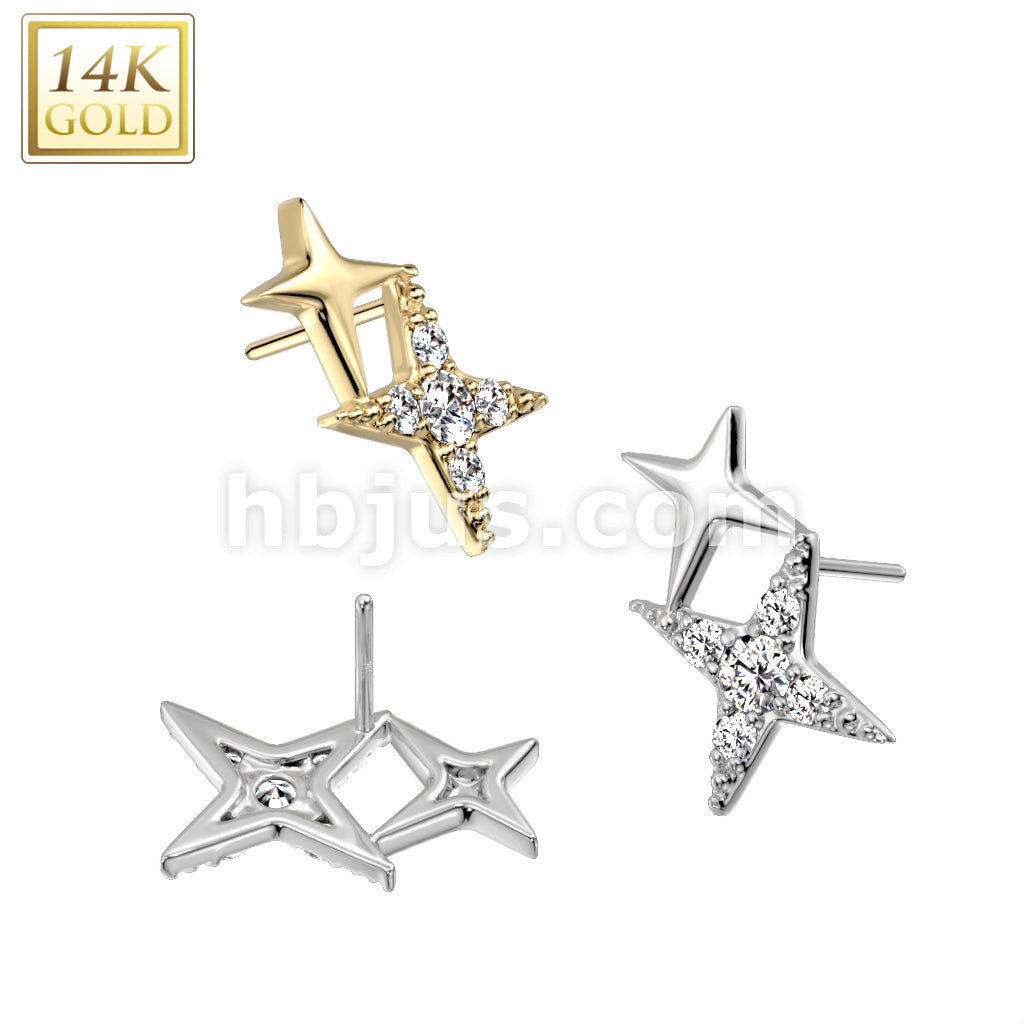 14KT  Gold 14K Gold Threadless Push In Double Star Cross With CZ Top