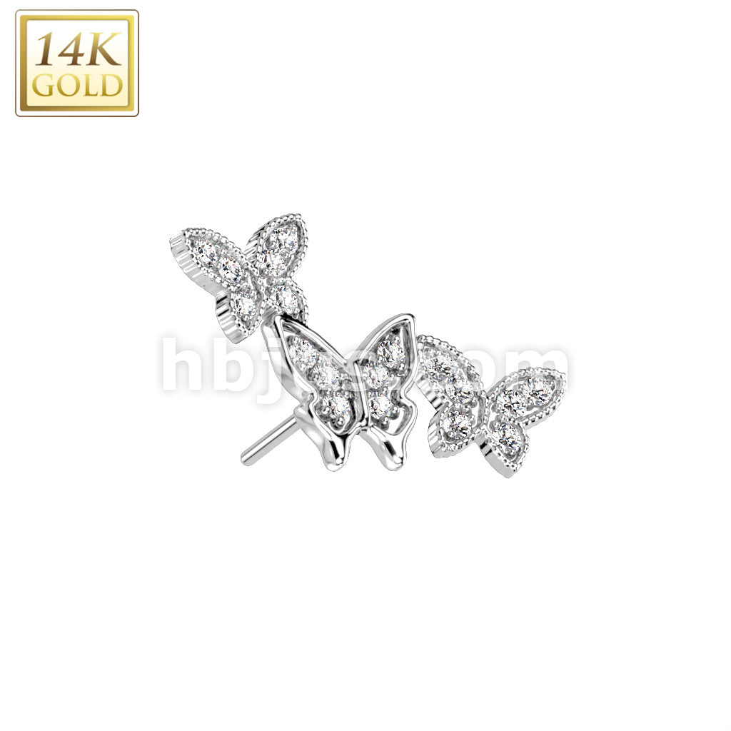 14K Gold Threadless Push In CZ Pave Triple Butterfly Top - Image 2