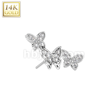 14KT  Gold 14K Gold Threadless Push In CZ Pave Triple Butterfly Top - Image 2