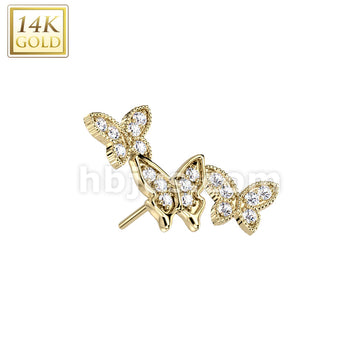 14KT  Gold 14K Gold Threadless Push In CZ Pave Triple Butterfly Top - Image 3
