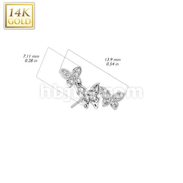 14KT  Gold 14K Gold Threadless Push In CZ Pave Triple Butterfly Top - Image 4