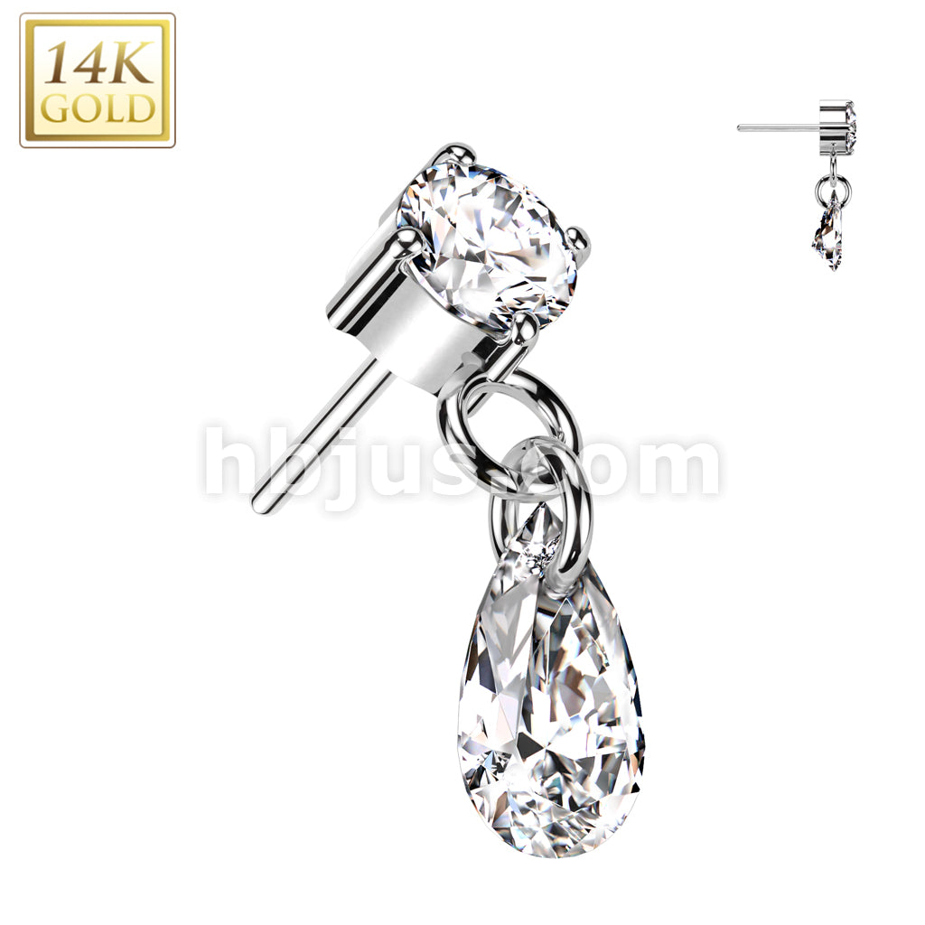 14K Gold Threadless Push In Prong Set CZ Top With Teardrop CZ Dangle - Image 2