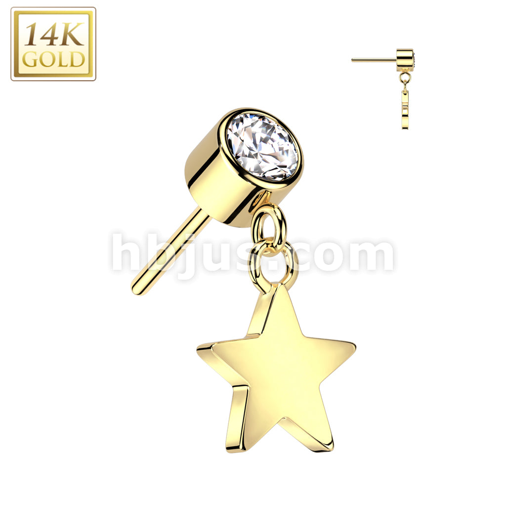 14KT  Gold 14K Gold Threadless Push In Bezel Set CZ Top With Star Dangle - Image 3