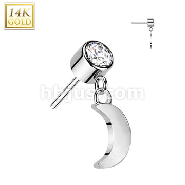 14K Gold Threadless Push In Bezel Set CZ Top With Crescent Moon Dangle - Image 2