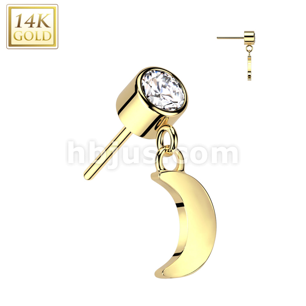 14K Gold Threadless Push In Bezel Set CZ Top With Crescent Moon Dangle - Image 3