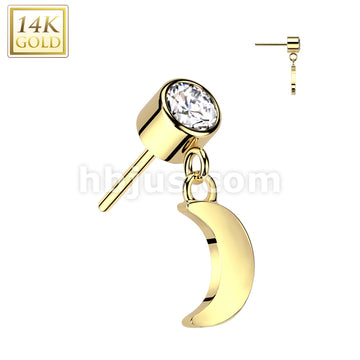 14K Gold Threadless Push In Bezel Set CZ Top With Crescent Moon Dangle - Image 3