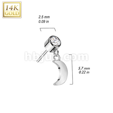 14K Gold Threadless Push In Bezel Set CZ Top With Crescent Moon Dangle - Image 4