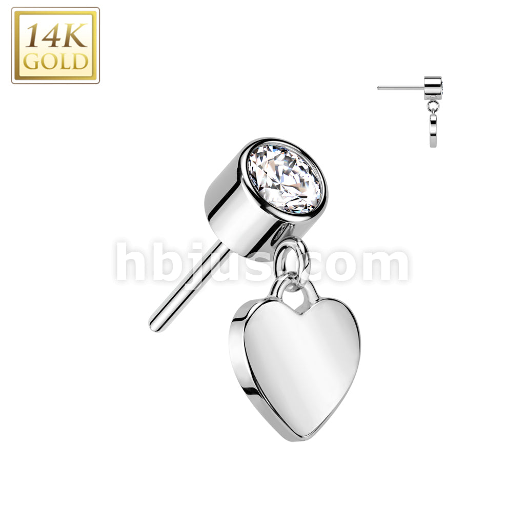 14KT  Gold 14K Gold Threadless Push In Bezel Set CZ Top With Heart Dangle - Image 2