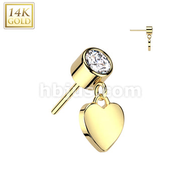 14KT  Gold 14K Gold Threadless Push In Bezel Set CZ Top With Heart Dangle - Image 3