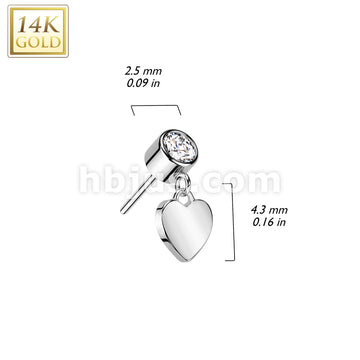 14K Gold Threadless Push In Bezel Set CZ Top With Heart Dangle - Image 4