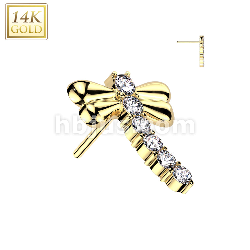 14K Gold Threadless Push In CZ Dragonfly Top - Image 3