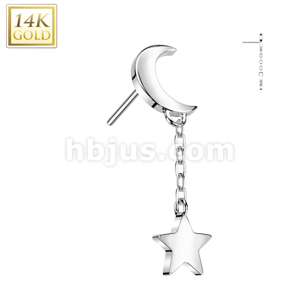 14K Gold Threadless Push In Crescent Moon Top With Star Dangle - Image 2