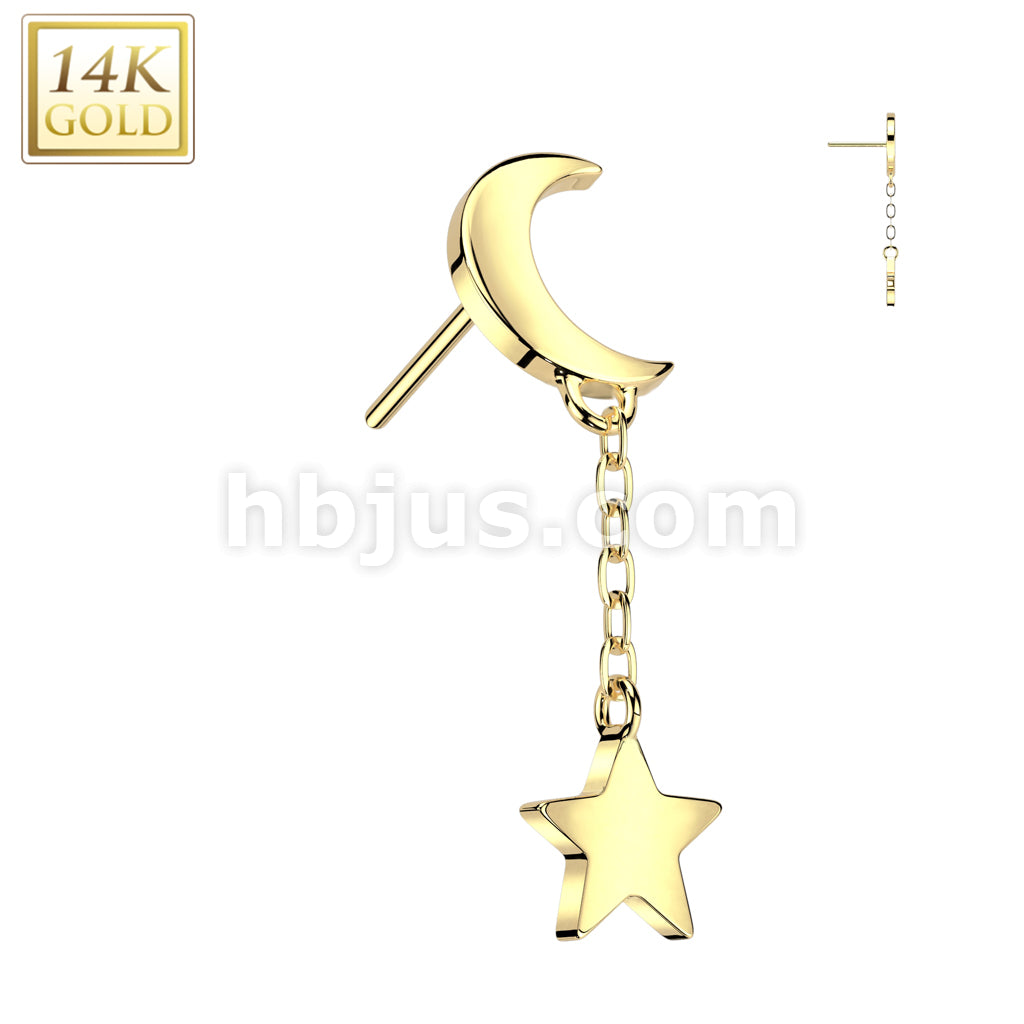 14K Gold Threadless Push In Crescent Moon Top With Star Dangle - Image 3