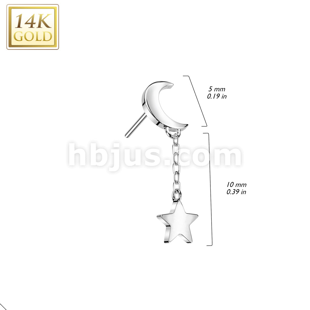 14K Gold Threadless Push In Crescent Moon Top With Star Dangle - Image 4