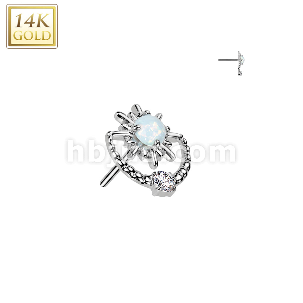 14K Gold Threadless Push In Sunburst With Opal Center and CZ Top - Image 2