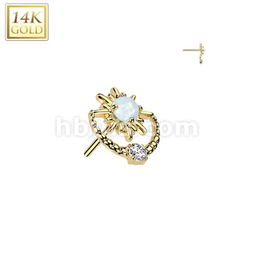 14KT  Gold 14K Gold Threadless Push In Sunburst With Opal Center and CZ Top - Image 3