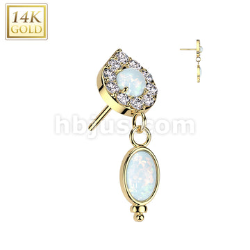 14K Gold Threadless Push In Teardrop Top With Opal Center and Opal Dangle - Image 3