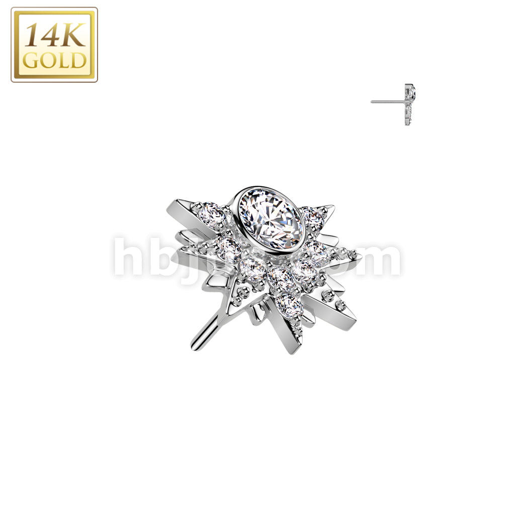 14K Gold Threadless Push In Sunburst With Round CZ Center and CZ Pave Top - Image 2
