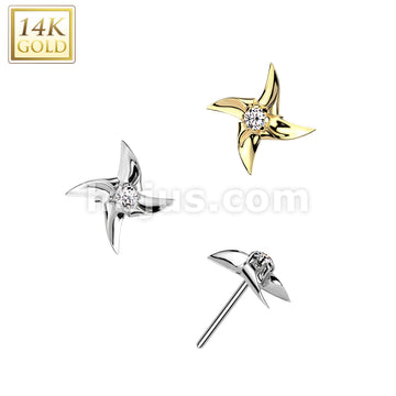 14KT  Gold 14K Gold Threadless Push In Pinwheel With CZ Center Top