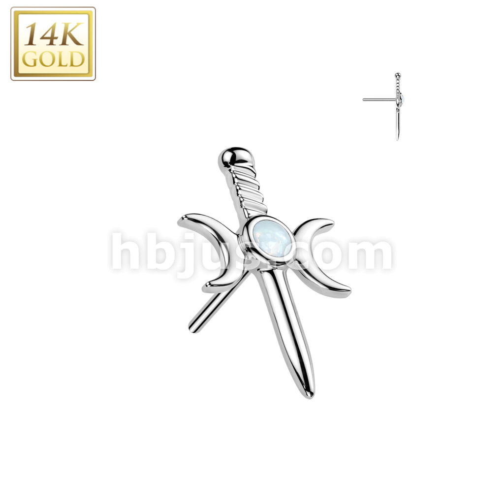 14KT  Gold 14K Gold Threadless Push In Crescent Moon Dagger With Opal... - Image 2