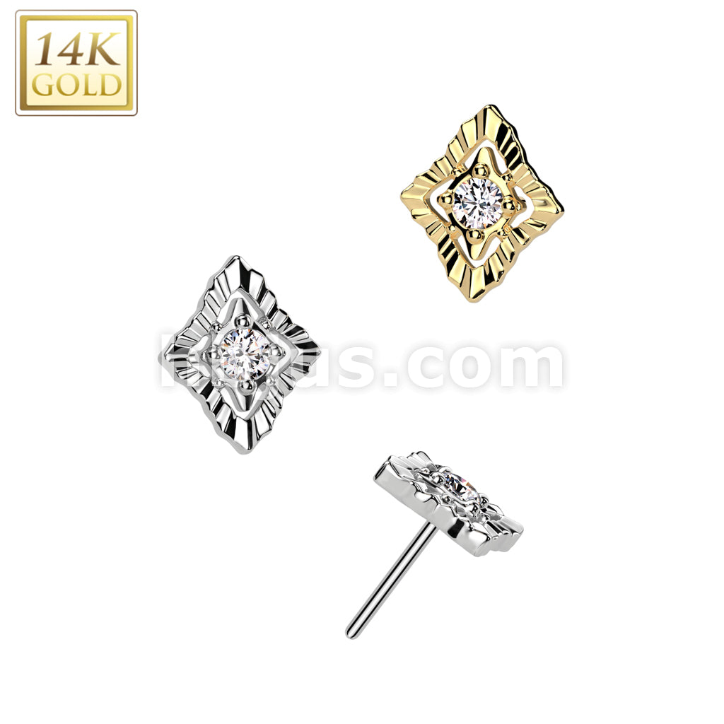 14K Gold Threadless Push In Diamond With CZ Center And Crimped Edge Top