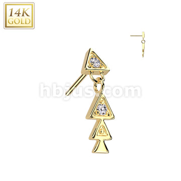 14K Gold Threadless Push In Bezel Set Triangle CZ Top With Triple Triangle Dangle - Image 3
