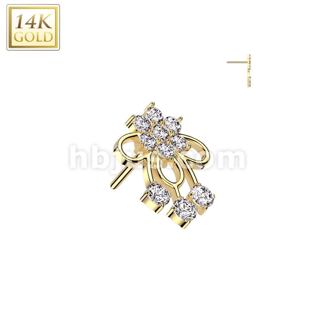 14K Gold Threadless Push In CZ Flower Ribbon Top - Image 3