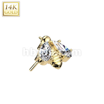 14KT  Gold 14K Gold Threadless Push In Bee With CZ Wings Top - Image 3