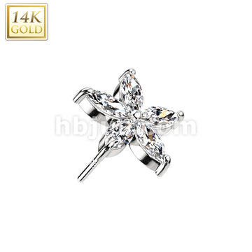14KT  Gold 14K Gold Threadless Push In 5 Marquise CZ Petals Flower Top - Image 2