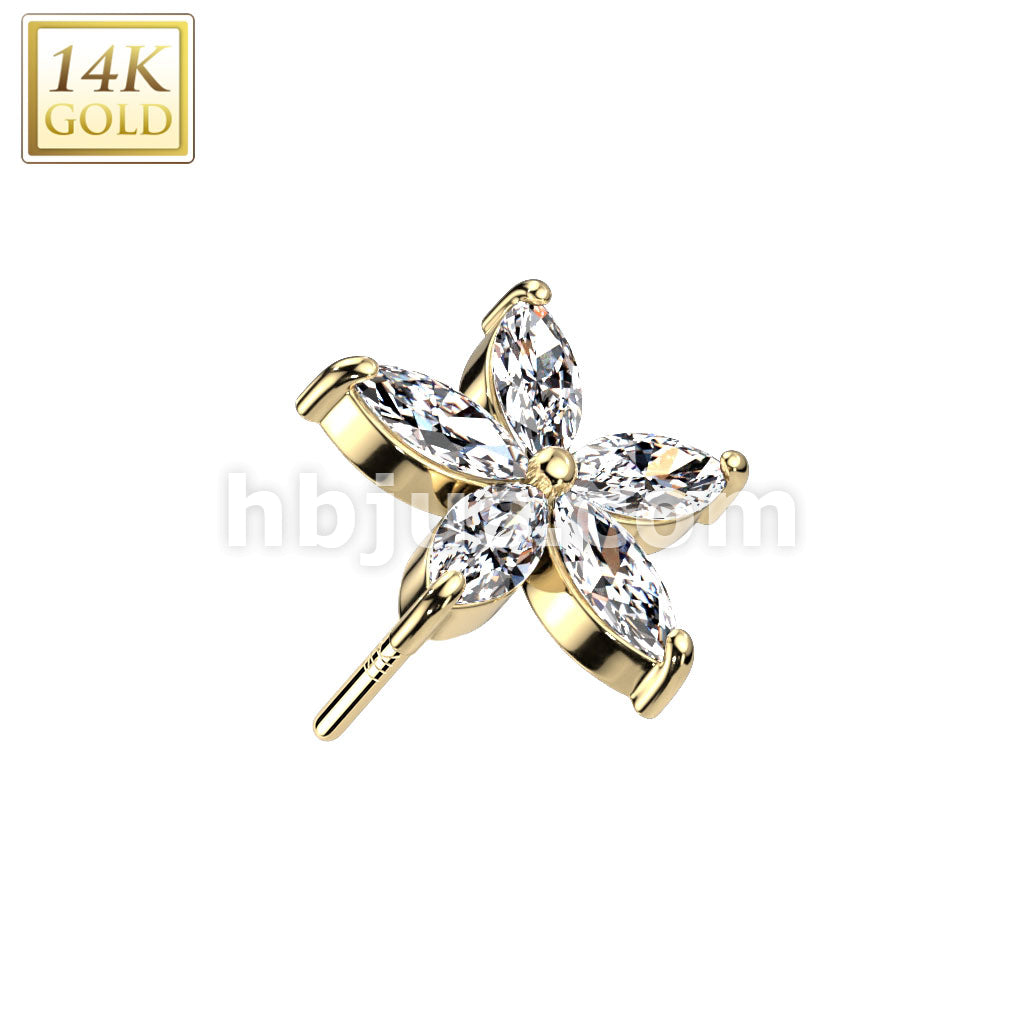 14K Gold Threadless Push In 5 Marquise CZ Petals Flower Top - Image 3