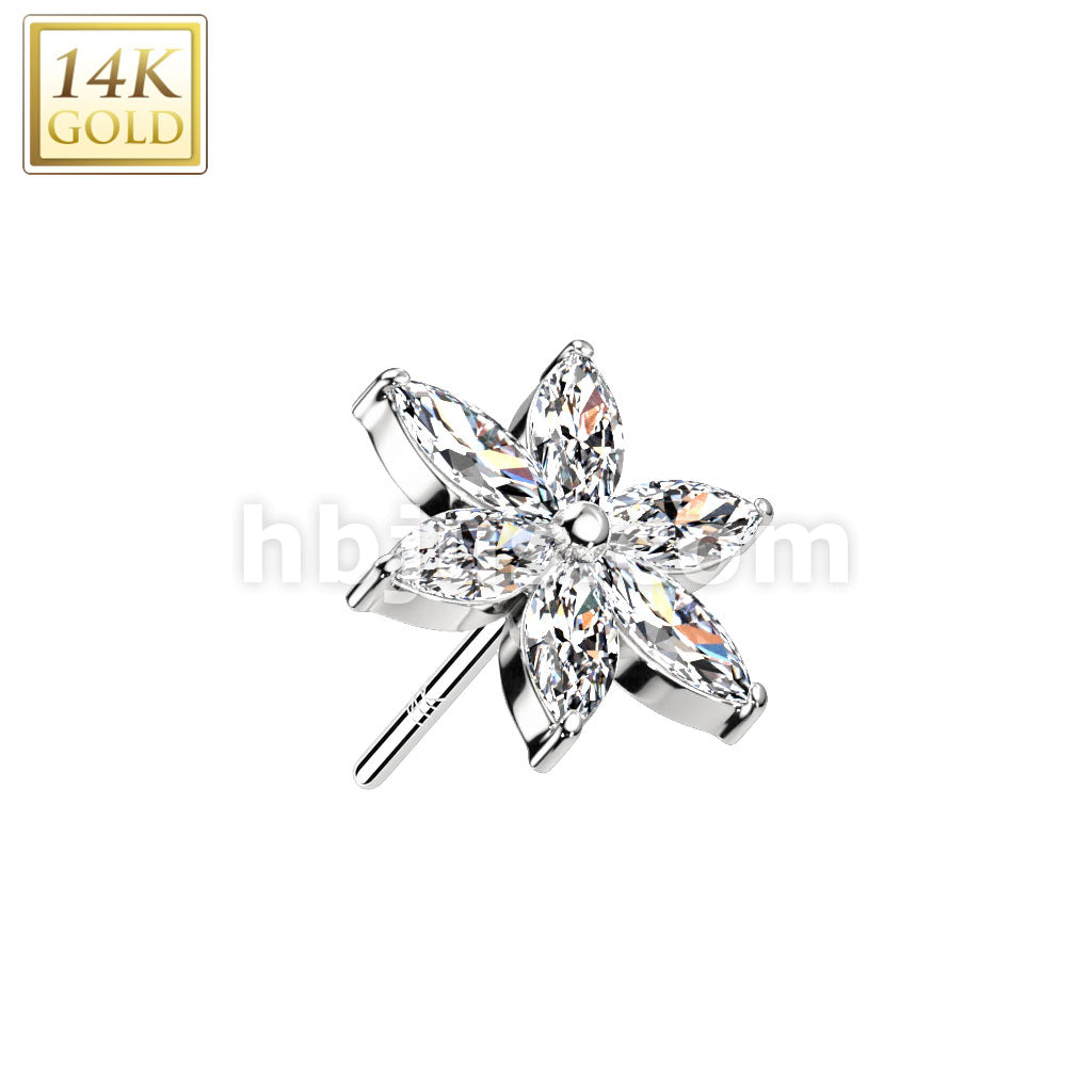 14KT  Gold 14K Gold Threadless Push In 6 Marquise CZ Petals Flower Top - Image 2