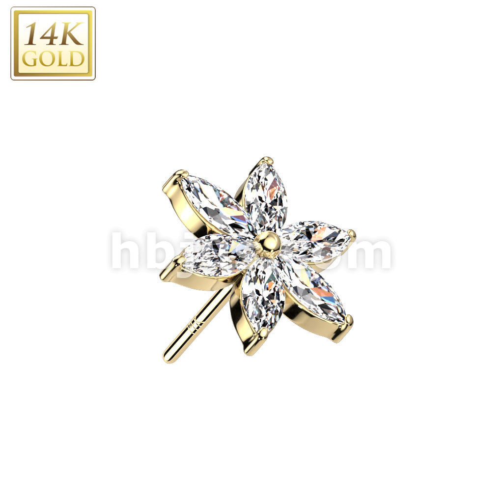 14KT  Gold 14K Gold Threadless Push In 6 Marquise CZ Petals Flower Top - Image 3