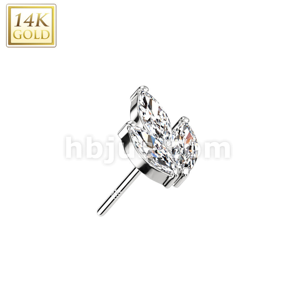 14K Gold Threadless Push In 3 Marquise CZ Leaf Top - Image 2