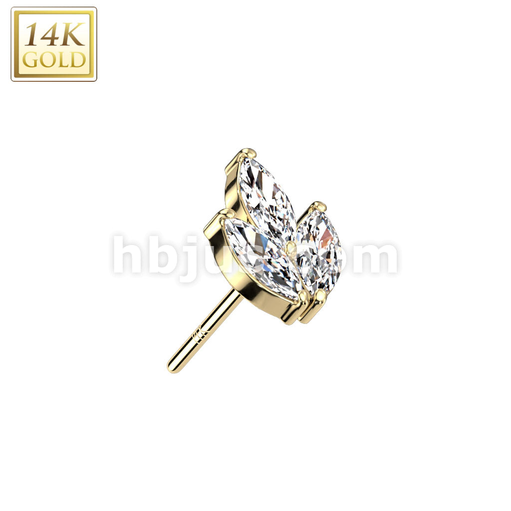 14K Gold Threadless Push In 3 Marquise CZ Leaf Top - Image 3