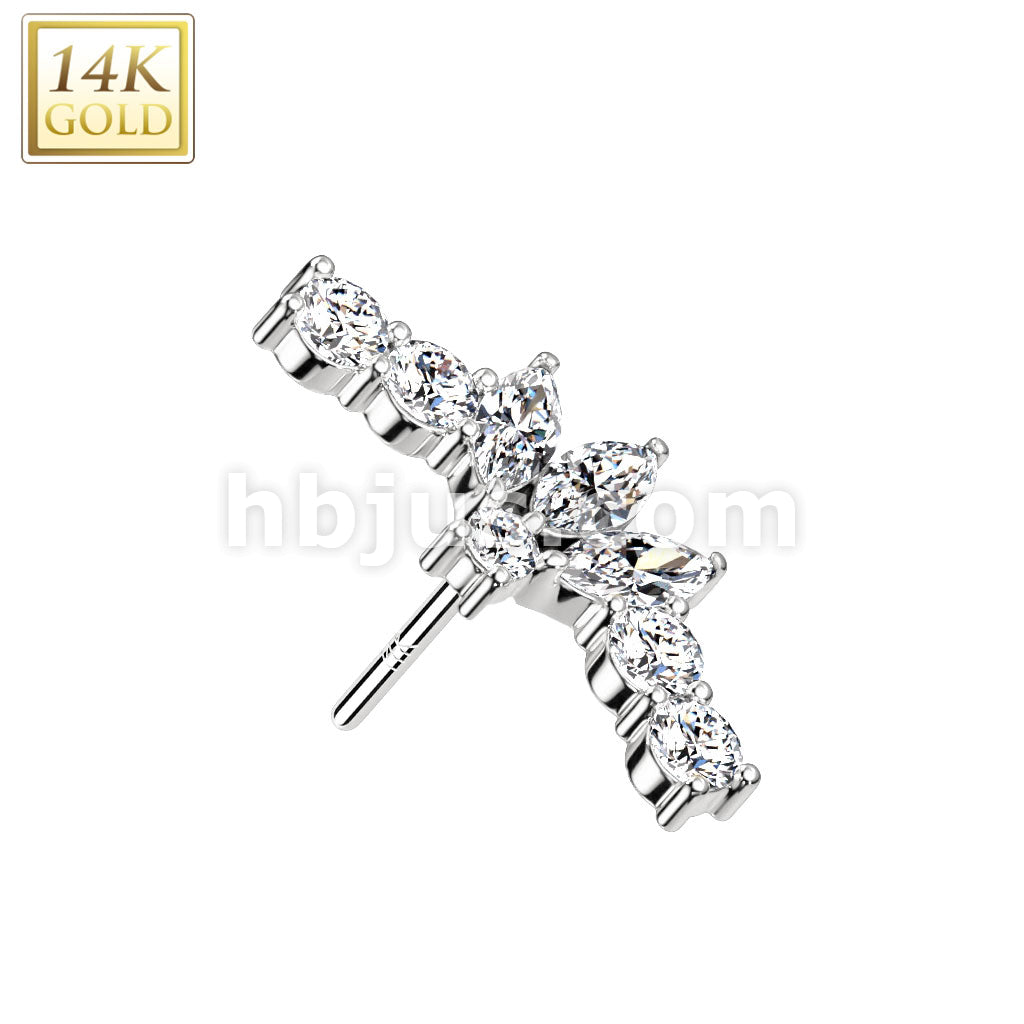 14K Gold Threadless Push In Fan With 3 Marquise CZ Center Top - Image 2