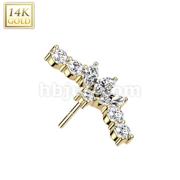14K Gold Threadless Push In Fan With 3 Marquise CZ Center Top - Image 3