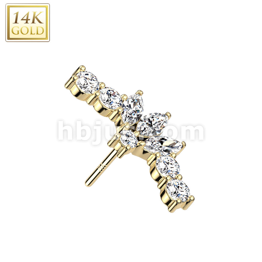 14KT  Gold 14K Gold Threadless Push In Fan With 3 Marquise CZ Center Top - Image 3