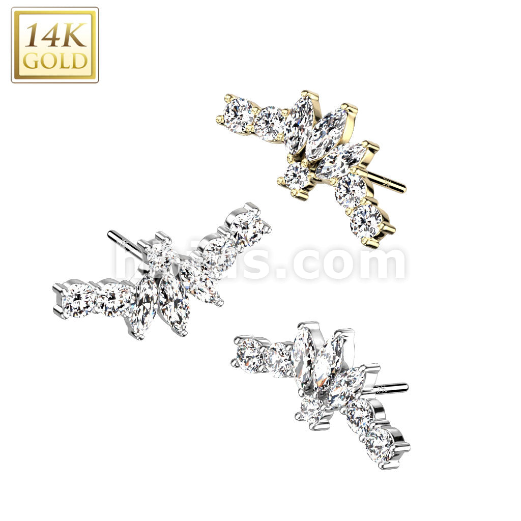 14KT  Gold 14K Gold Threadless Push In Fan With 3 Marquise CZ Center Top