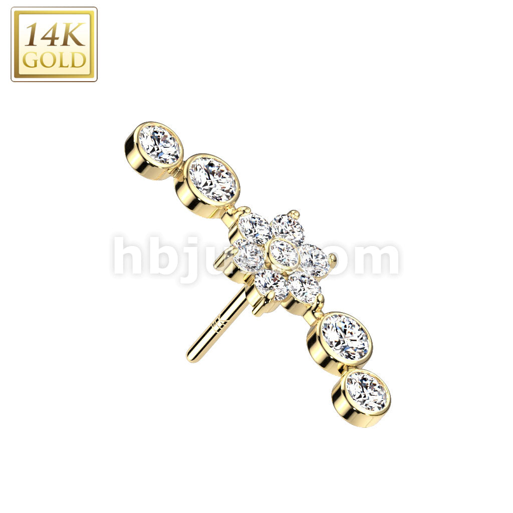 14KT  Gold 14K Gold Threadless Push In Top With Flower Center and 2 CZ... - Image 3