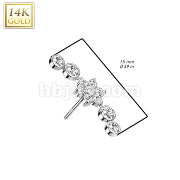 14K Gold Threadless Push In Top With Flower Center and 2 CZ Ball on Each Side - Image 4
