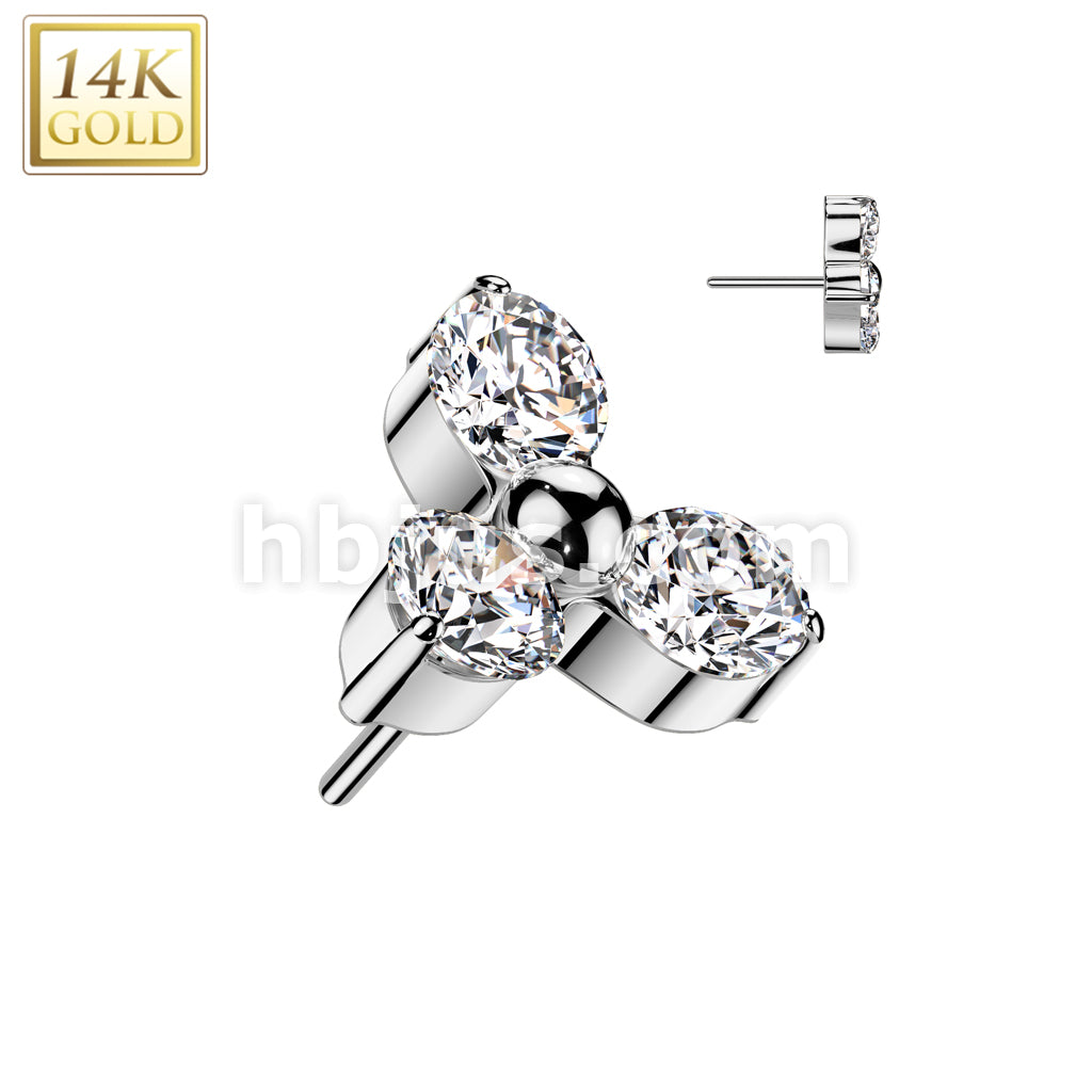 14K Gold Threadless Push In 3 CZ Triangle Prong Set Top - Image 2
