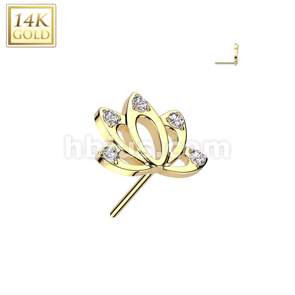 14KT  Gold 14K Gold Threadless Push In Hollow Lotus Top With CZ Ends - Image 3