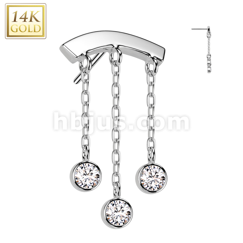 14K Gold Threadless Push In Curved Bar Top With Triple CZ Chain Dangle - Image 2