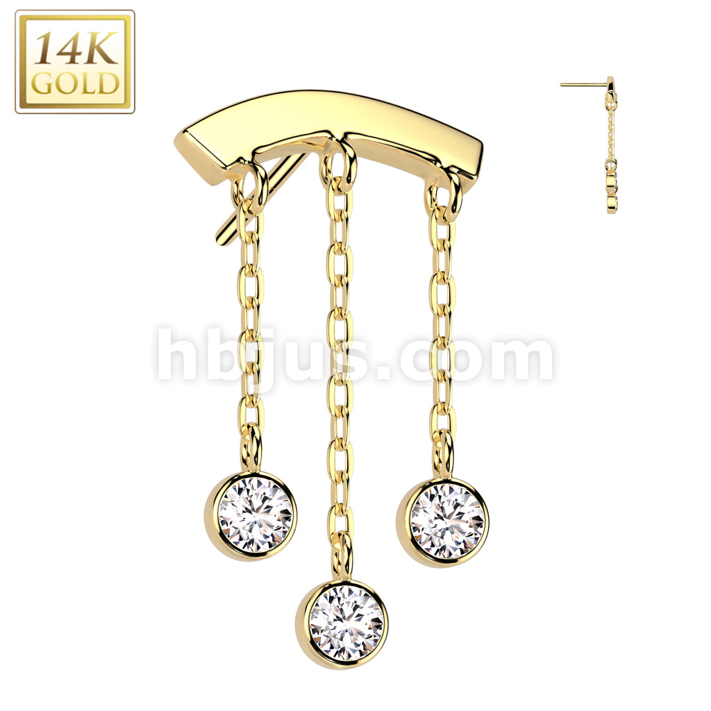 14K Gold Threadless Push In Curved Bar Top With Triple CZ Chain Dangle - Image 3