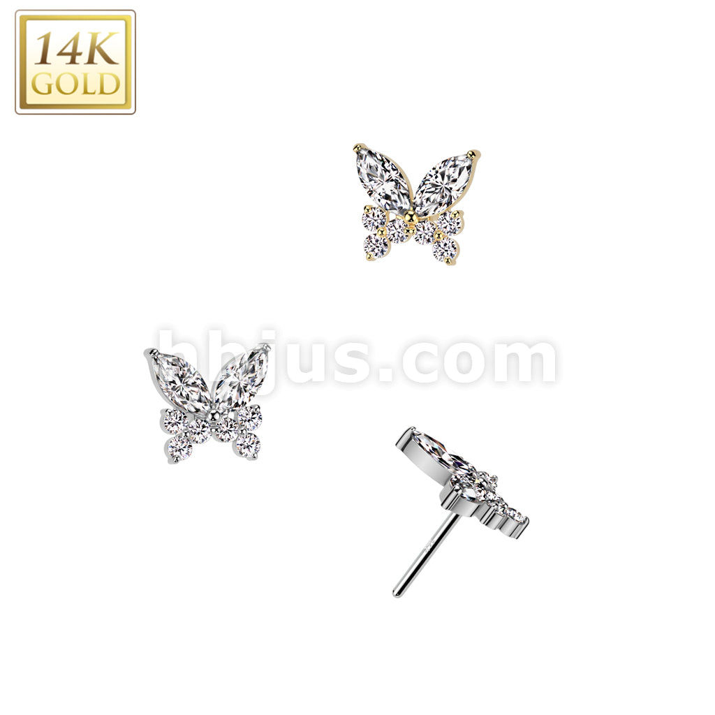14K Gold Threadless Push In CZ Butterfly Top