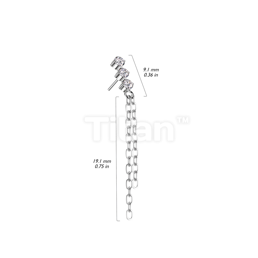 Implant Grade Titanium Threadless Push In 3 CZ Top With Double Chain Dangle - Image 4