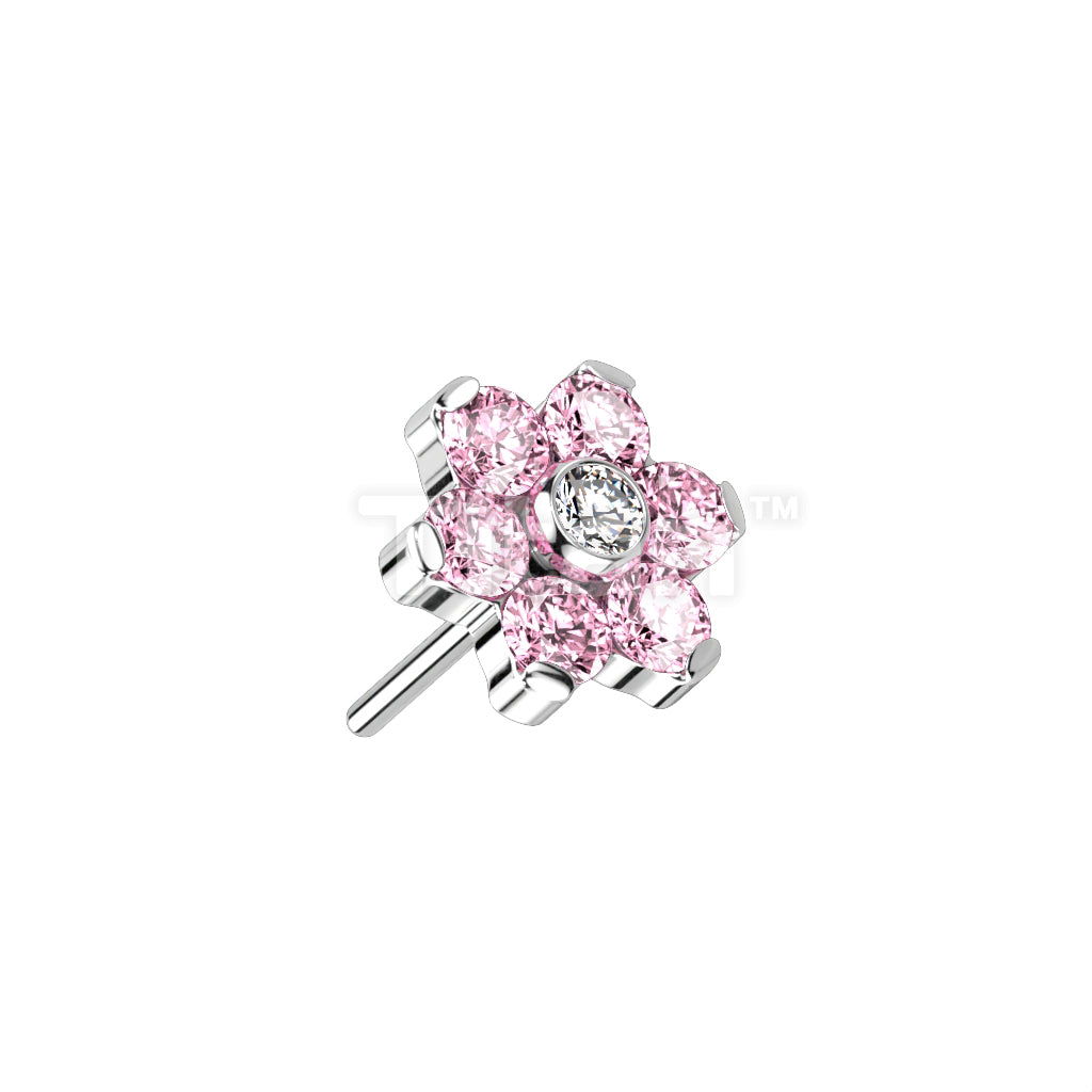 Implant Grade Titanium Threadless Push In CZ Flower With Bezel Set Center and Prong Set Petals - Image 5