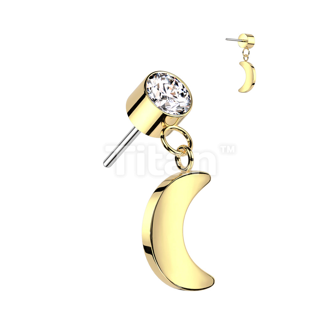 Implant Grade Titanium Threadless Push In Round Bezel Set CZ With Crescent Moon Dangle Top - Image 2