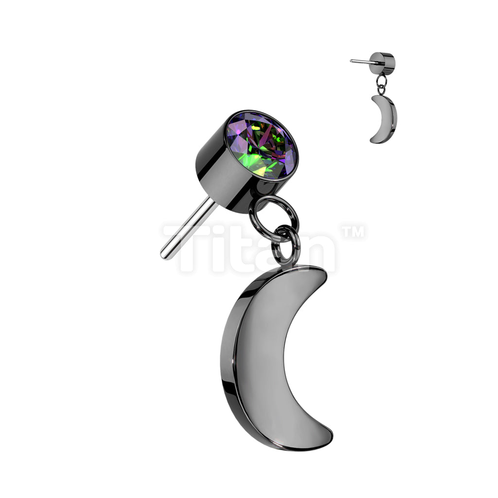 Implant Grade Titanium Threadless Push In Round Bezel Set CZ With Crescent Moon Dangle Top - Image 3