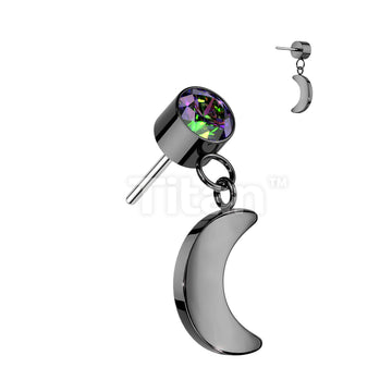 Implant Grade Titanium Threadless Push In Round Bezel Set CZ With Crescent Moon Dangle Top - Image 3